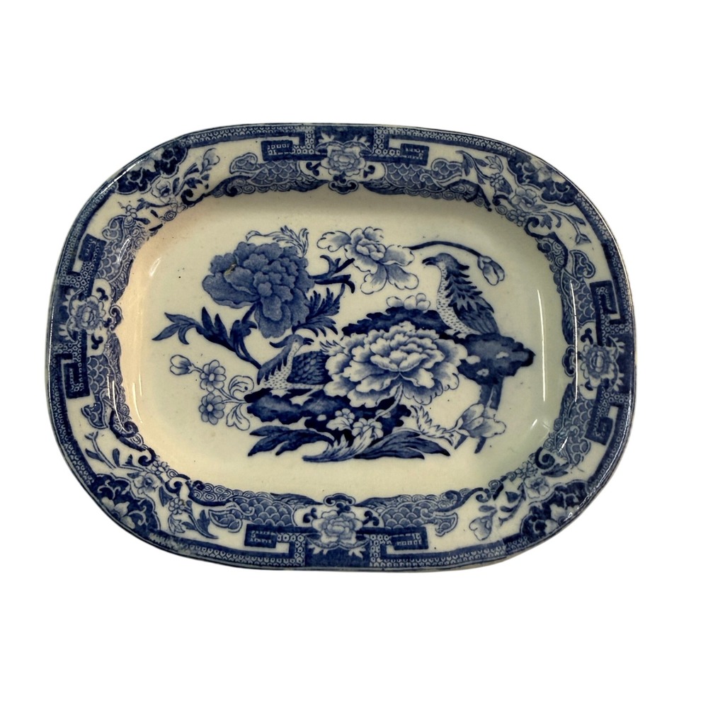 Antique Mason's Patent Ironstone Blue Chinoiserie Peacock Platter c1845 Cabinet